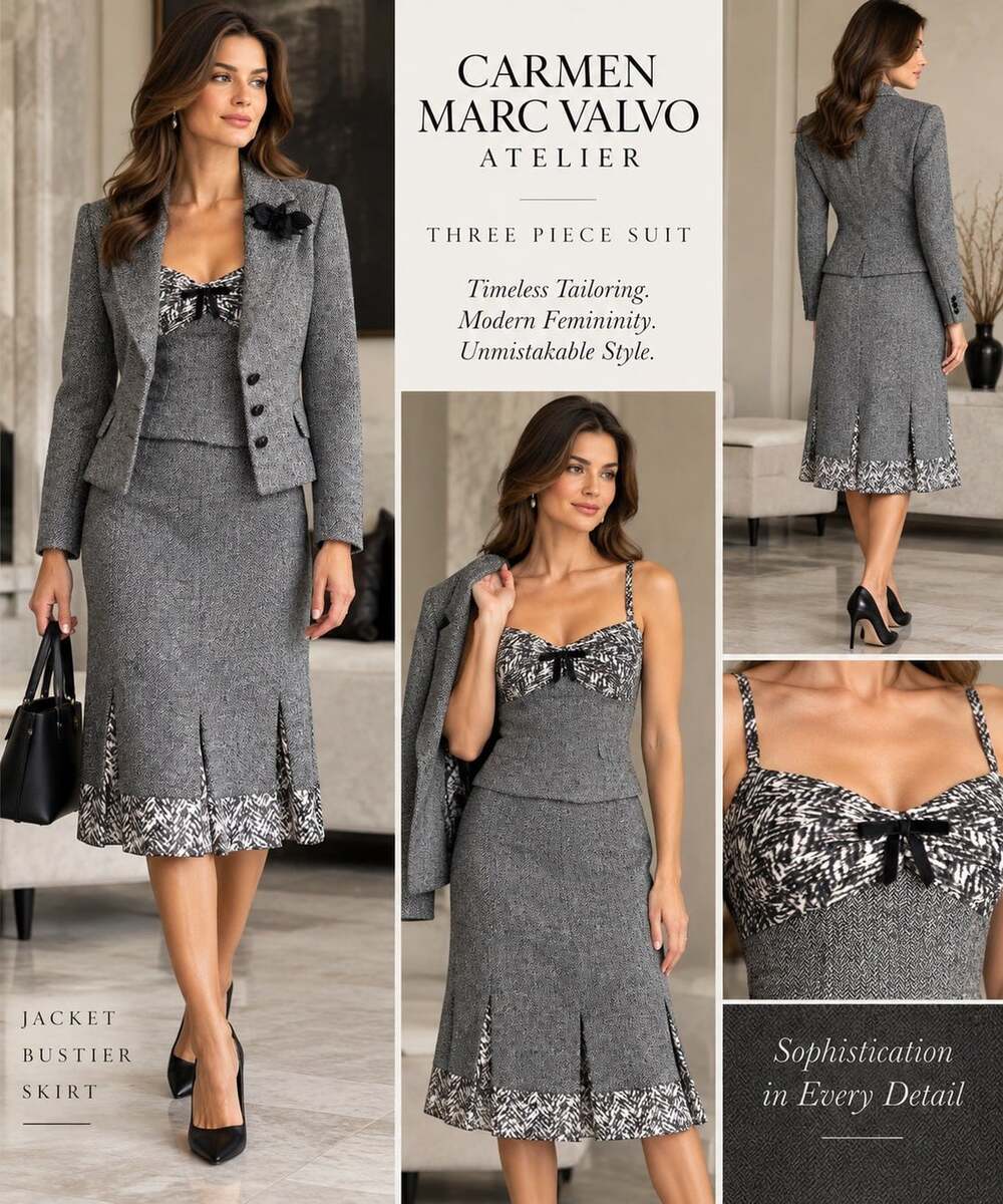 Carmen Marc Valvo Atelier 3 Piece Wool Silk Herringbone Suit Bustier 10 Luxury